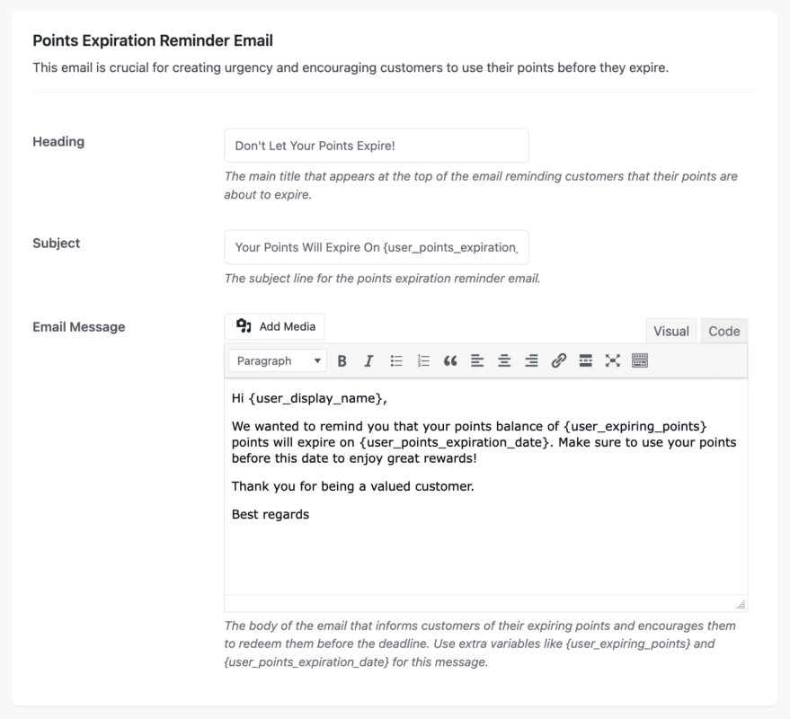 Points Expiration Reminder Email Configuration