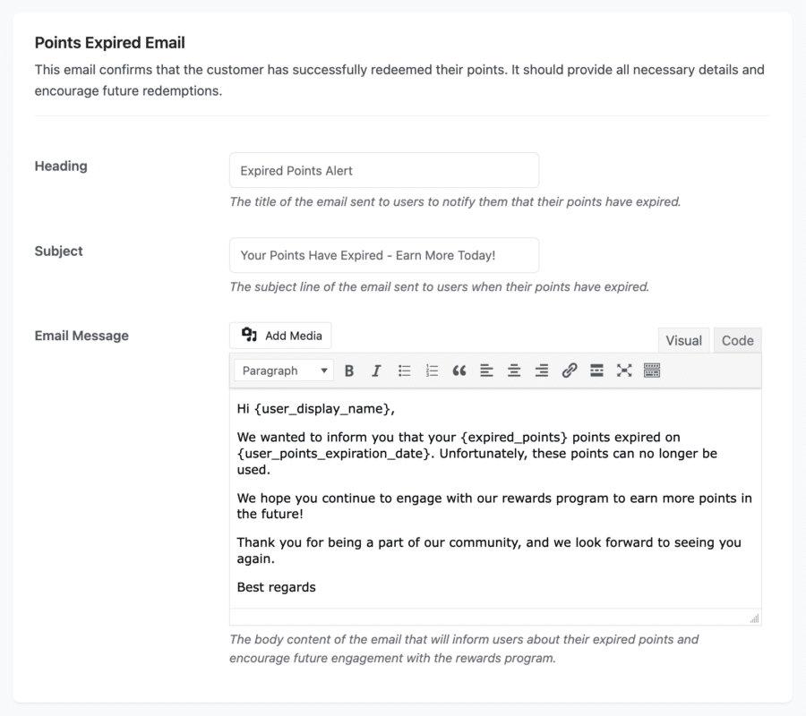 Points Expired Email Configuration