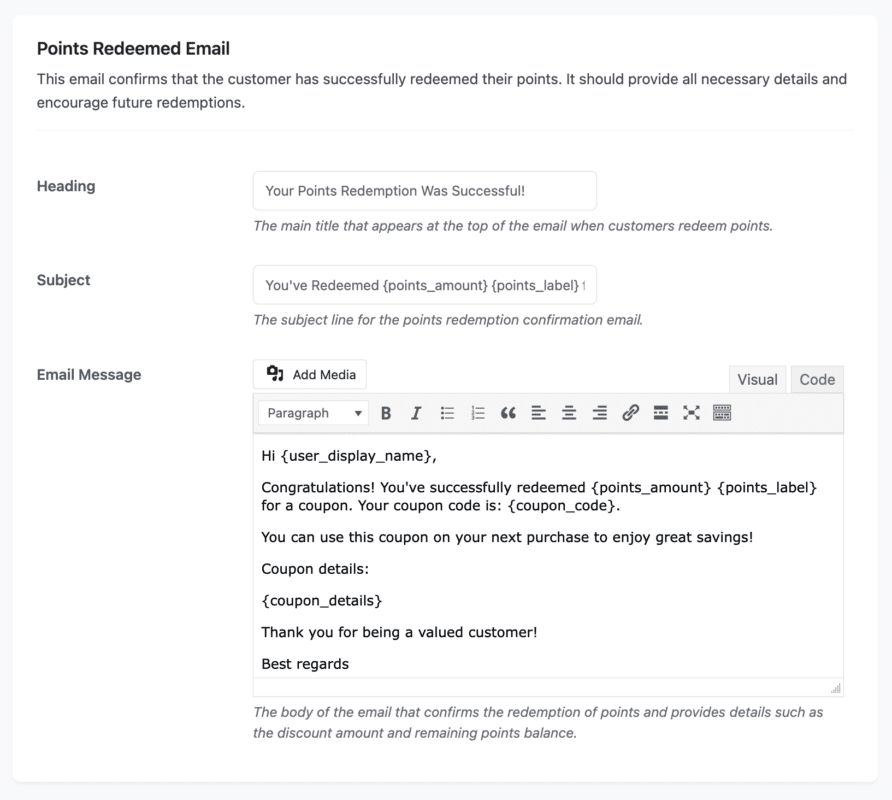 Points Redeemed Email Configuration