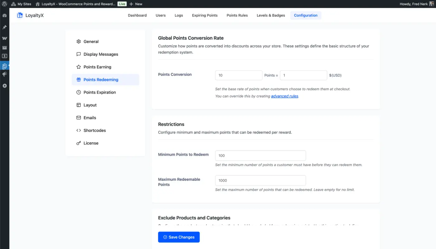 Points Redeeming Configuration Screenshot