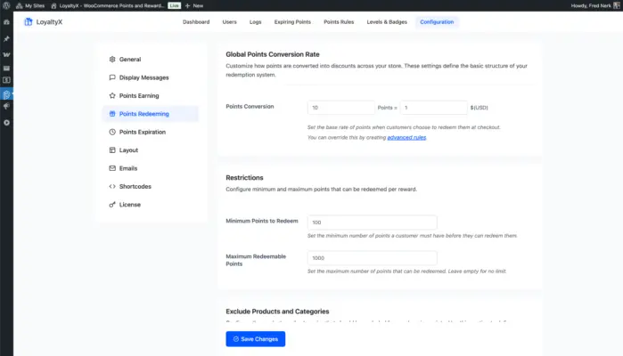 WooCommerce points redeeming configuration screenshot