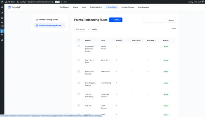 WooCommerce points redeeming rules list page screenshot