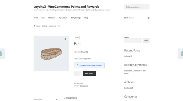 WooCommerce points message on product page screenshot