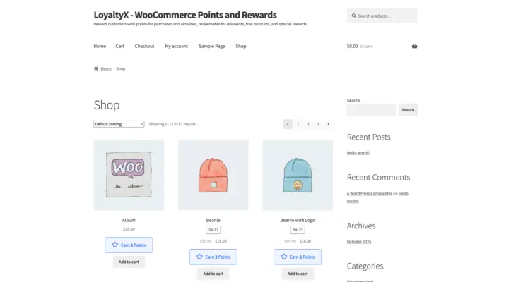 WooCommerce points message on shop page screenshot