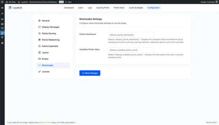 WooCcmmerce points shortcodes configuration screenshot
