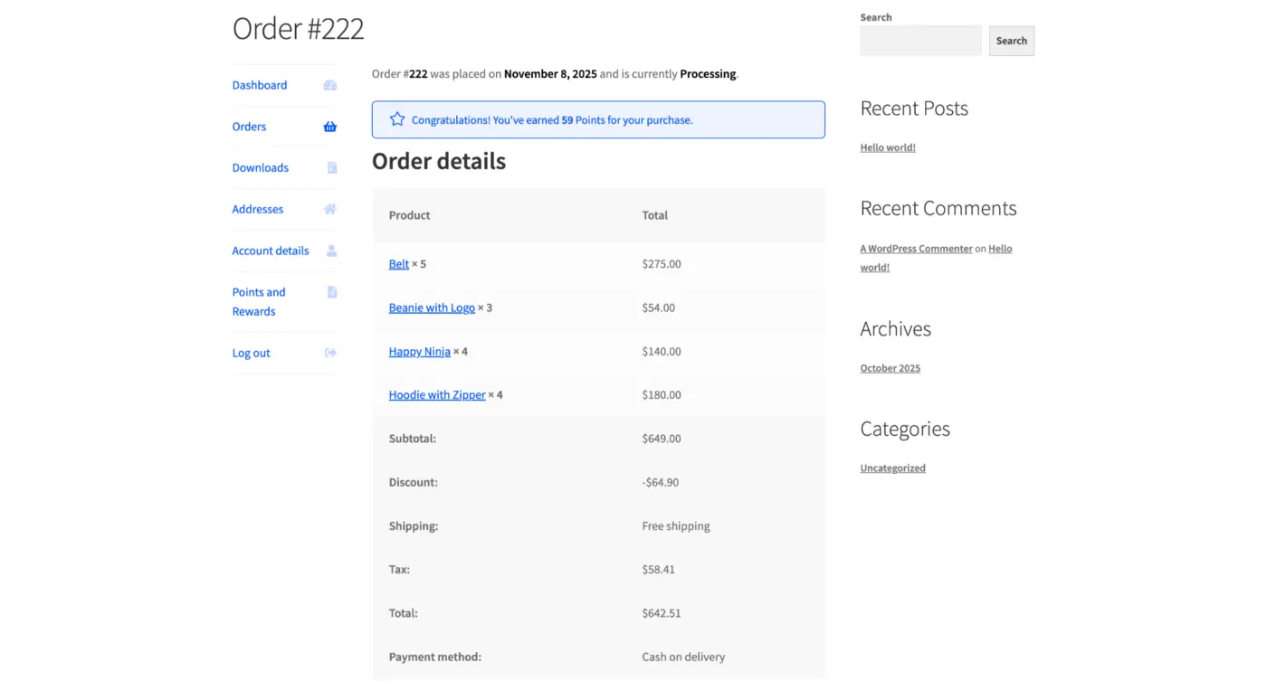 Points Message in View Order Page Screenshot