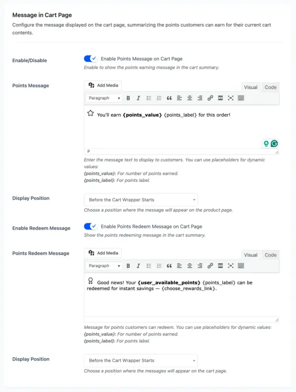 Message in Cart Page on Display Messages Configuration Page