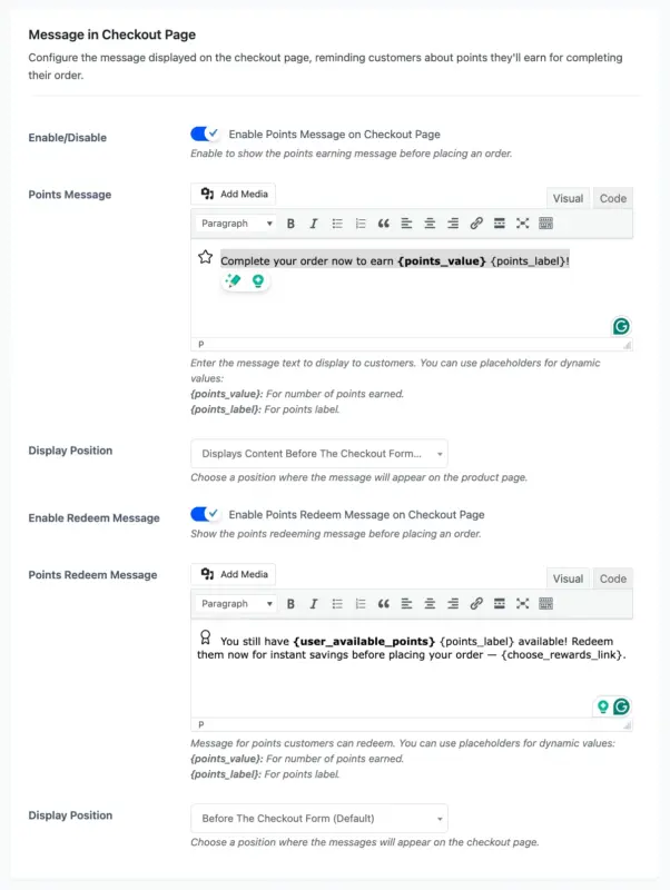 Message in Checkout Page on Display Messages Configuration Page