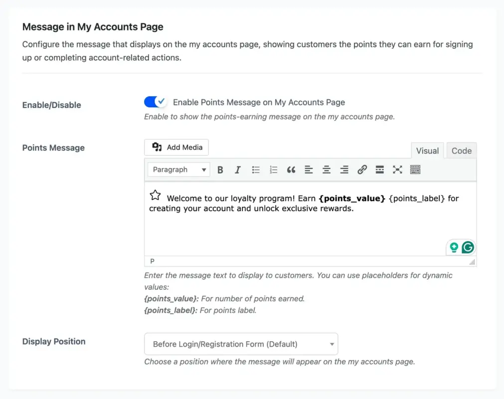 Message in My Accounts Page on Display Messages Configuration Page