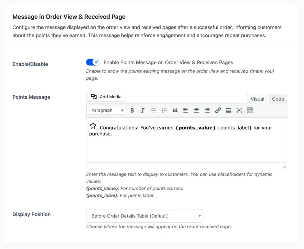 Message in Order Page on Display Messages Configuration Page