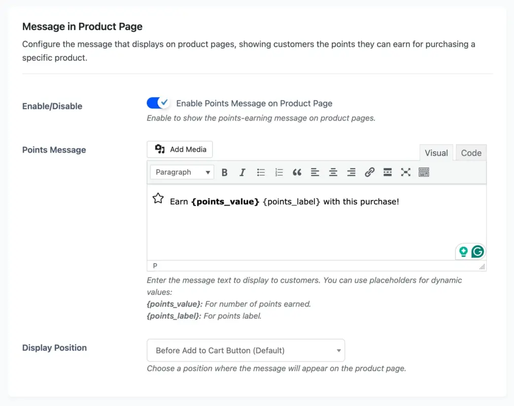 Message in Product Page on Display Messages Configuration Page