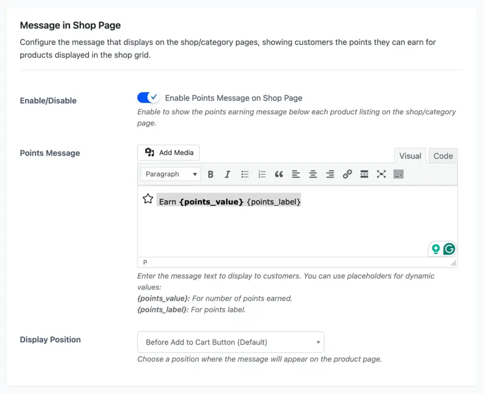 Message in Shop Page on Display Messages Configuration Page