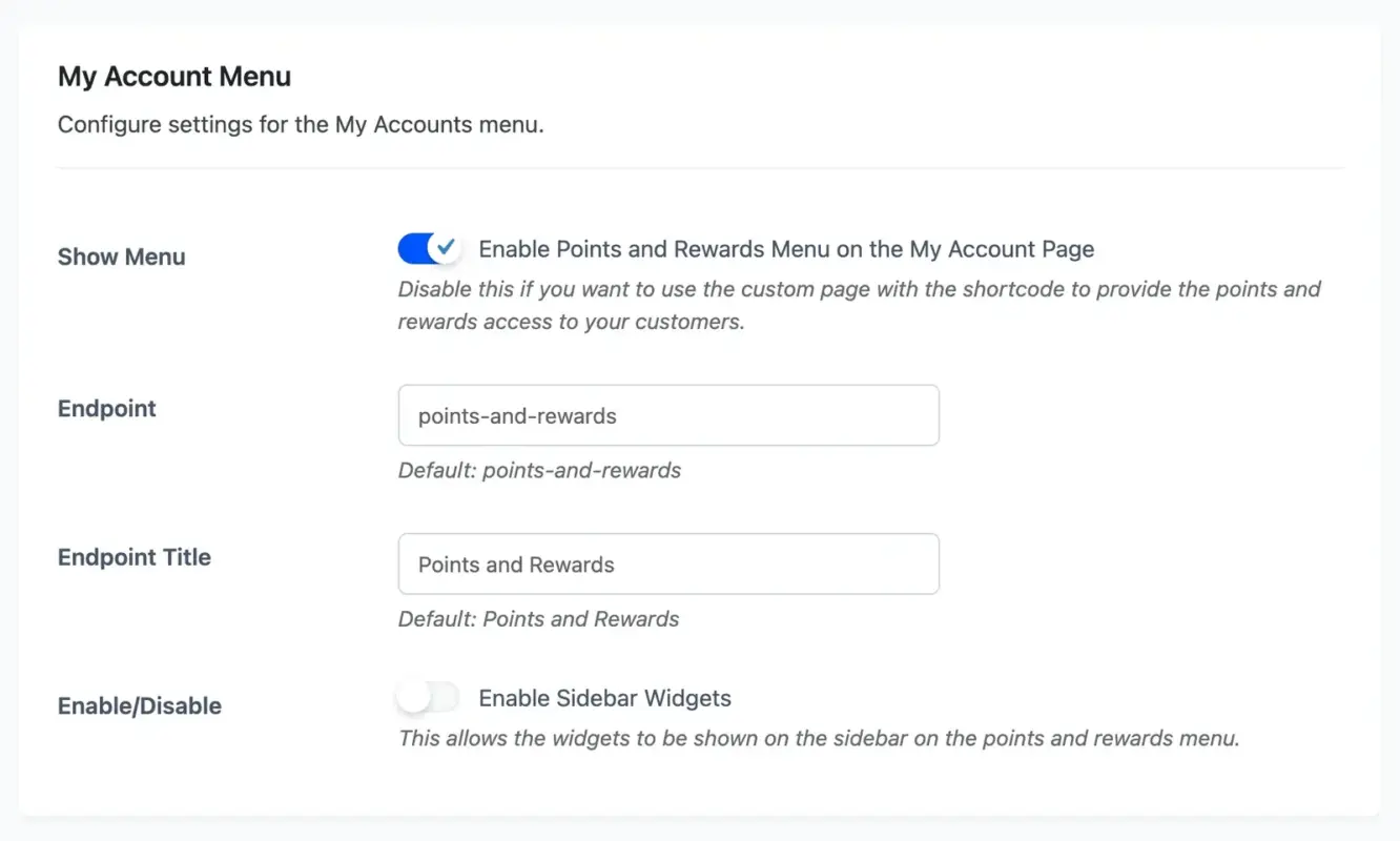 My Accounts Menu Settings