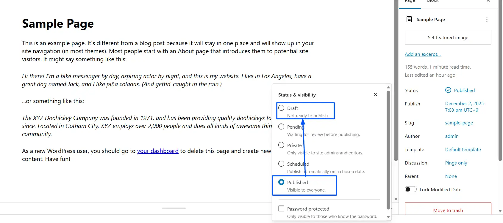 Find the Status section on the right-hand side and change Published to Draft