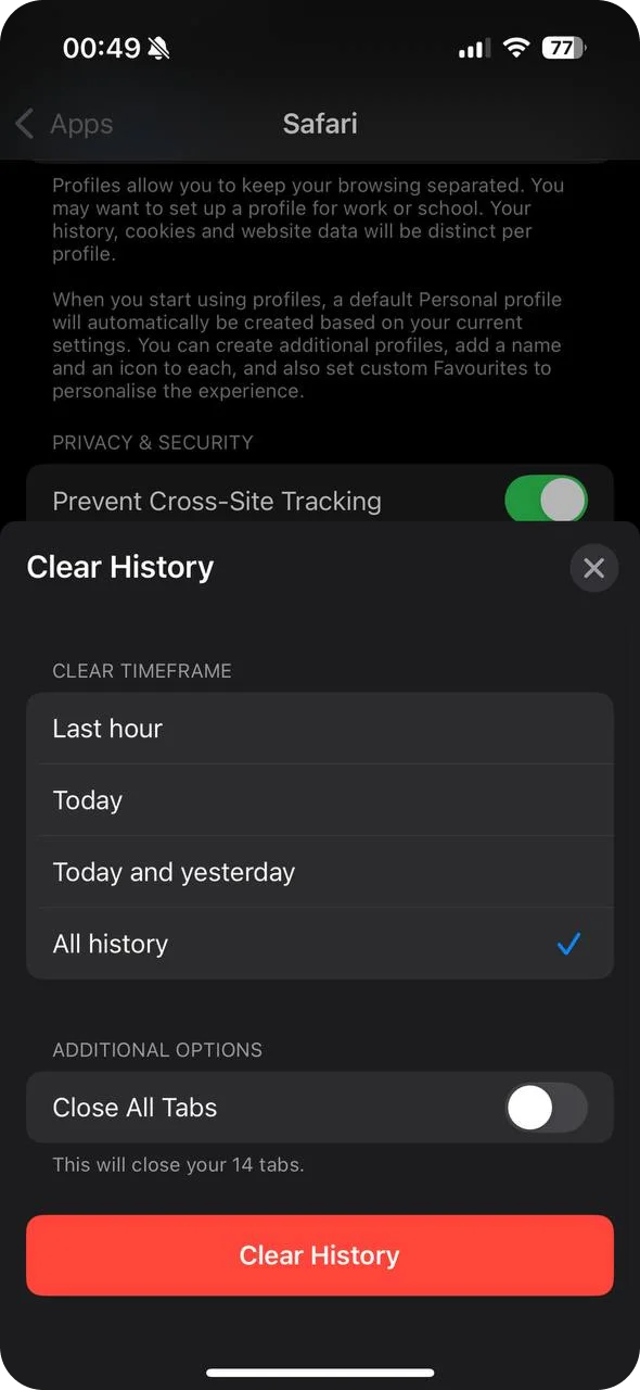 Clear history in Safari browser on iPhone
