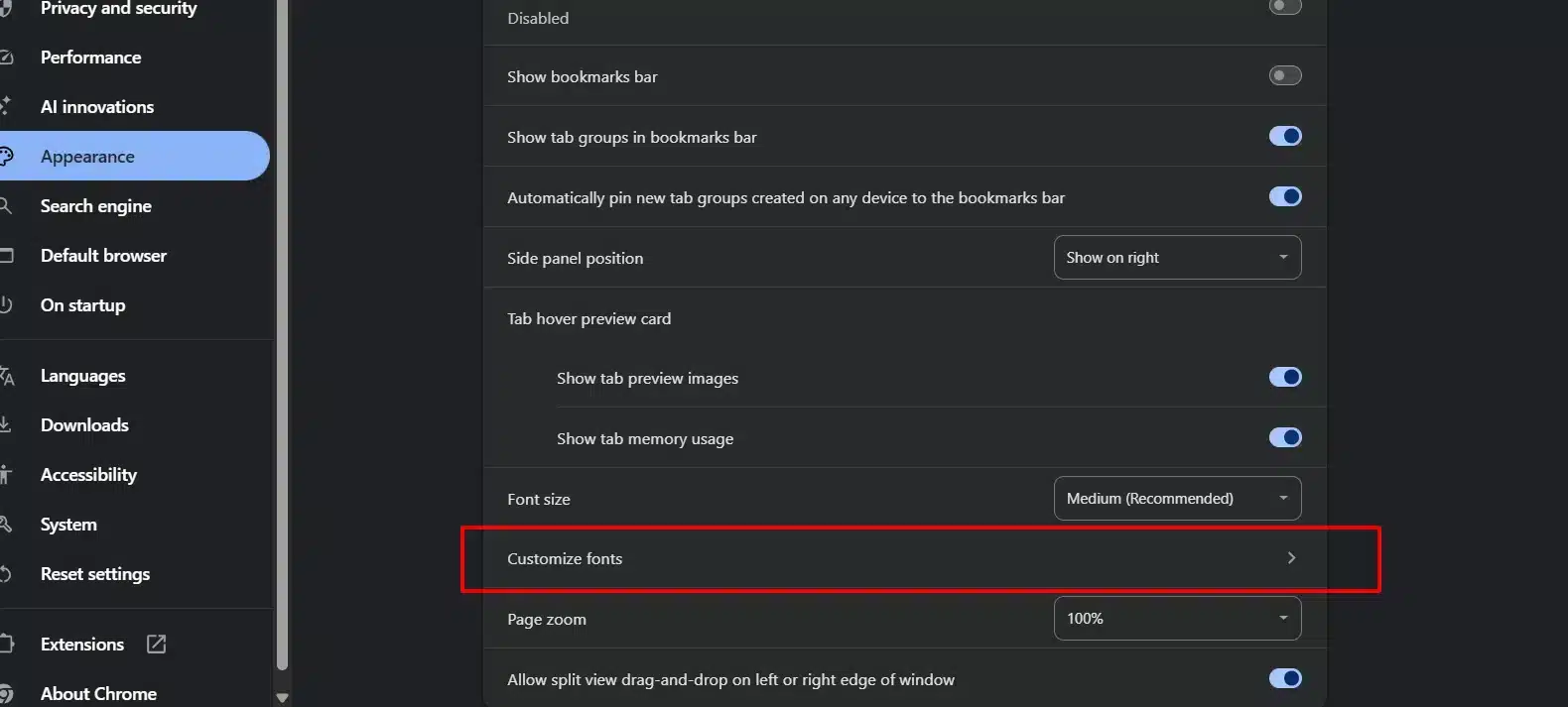 Click Customize fonts