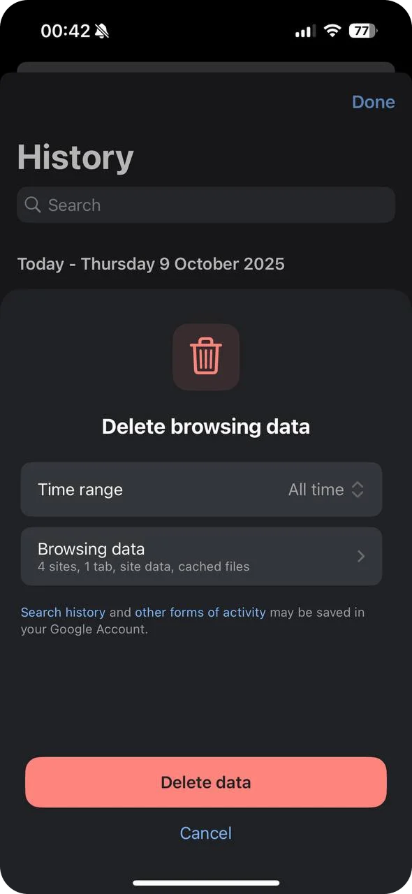 Delete browsing data in Chrome on iPhone