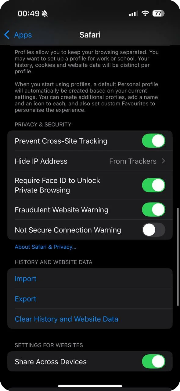 Safari browser settings on iPhone