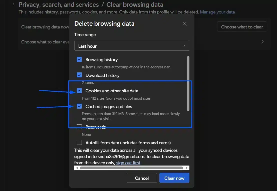 select cookies and other site data and cached images and files