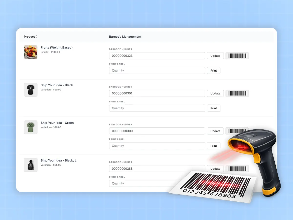 WooCommerce barcode scanner and printing