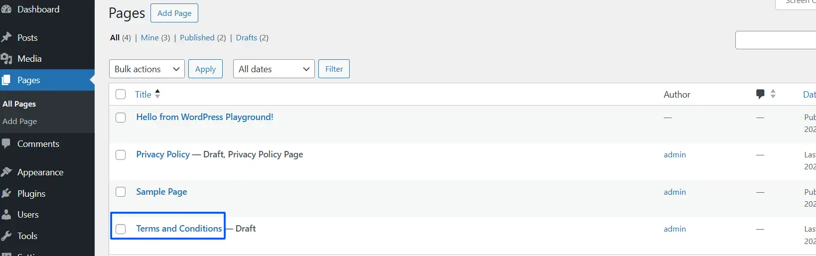 Create a separate "Terms and Conditions" page in WordPress