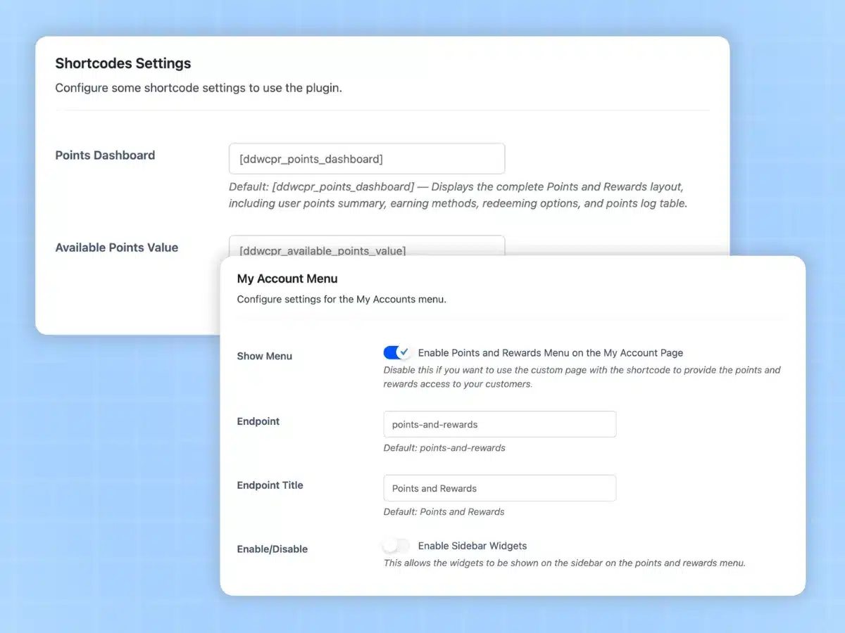 Shortcodes & My Account Integration