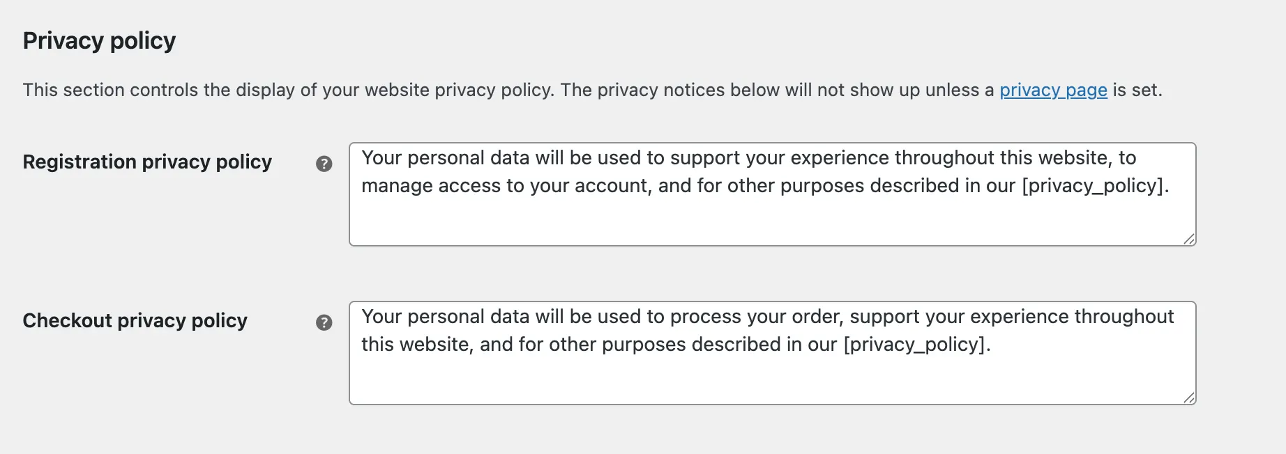 Privacy policy in WooCommerce account settings