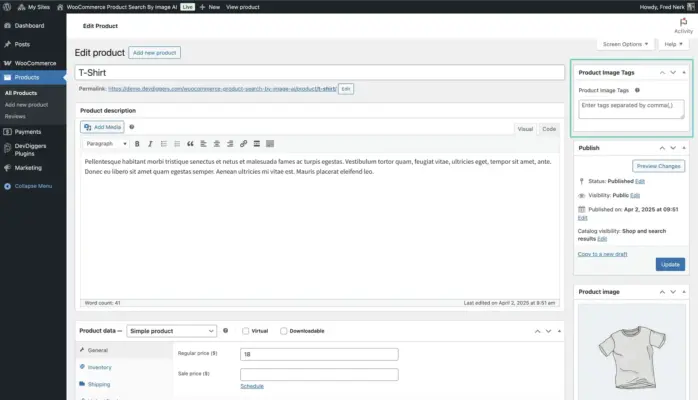 WooCommerce image search tags for products screenshot