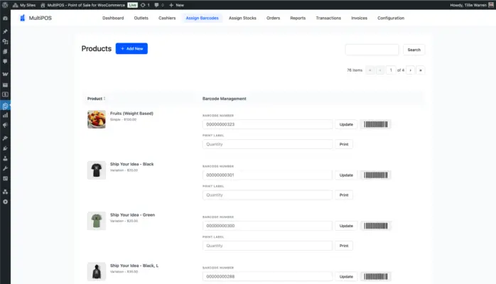 WooCommerce POS assign barcodes page screenshot