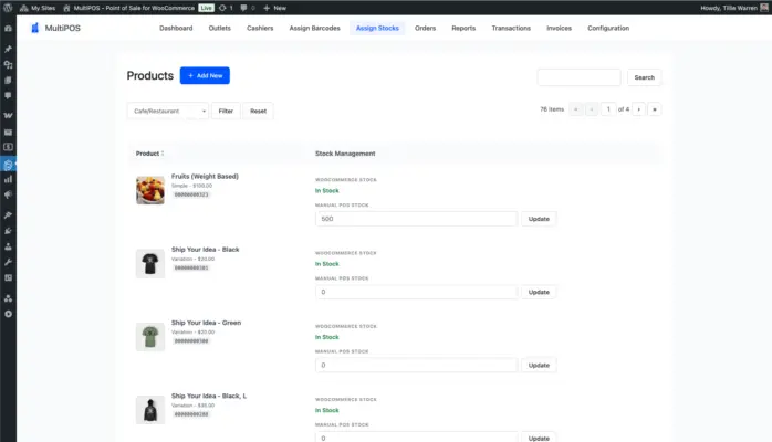 WooCommerce POS assign stocks page screenshot
