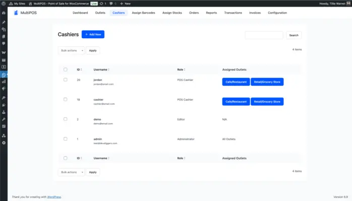 WooCommerce point of sale cashiers list page screenshot