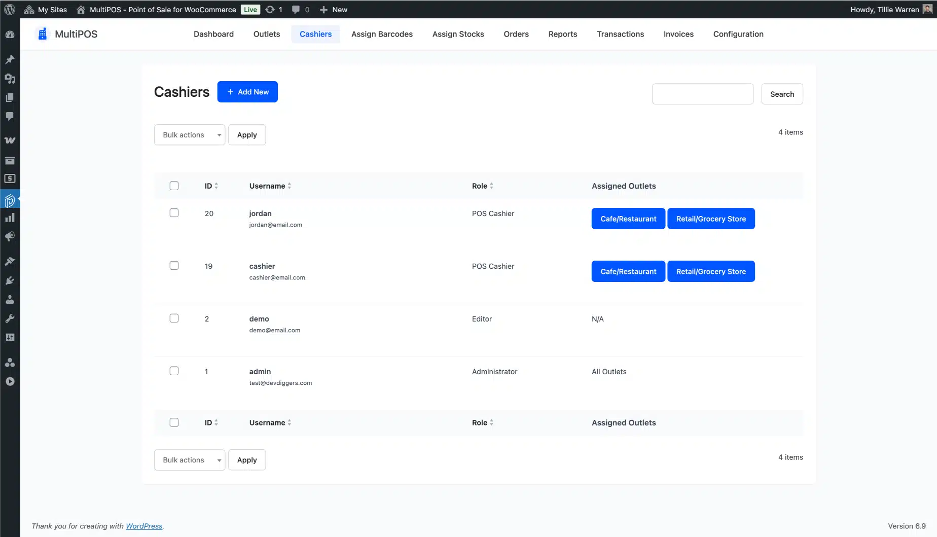 WooCommerce POS cashiers list page screenshot