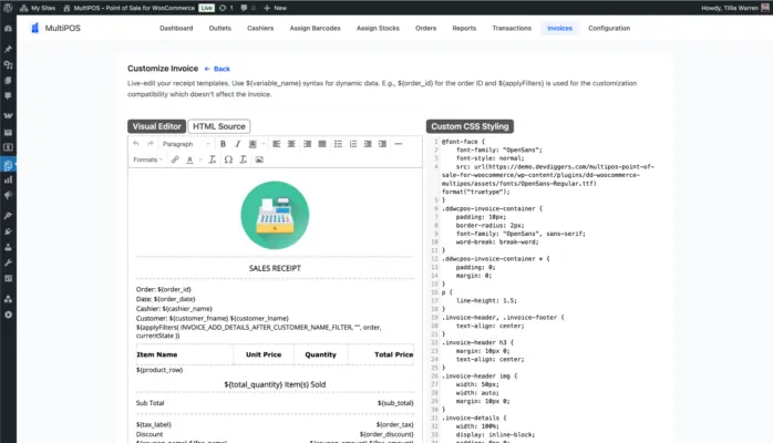 Customize invoice and receipt page of WooCommerce POS screenshot