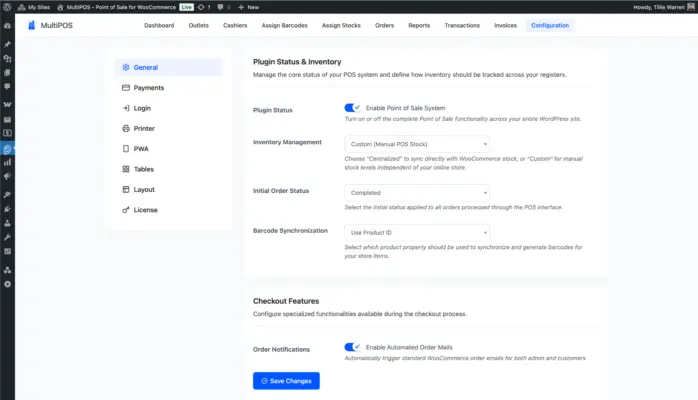 WooCommerce point of sale general configuration page screenshot