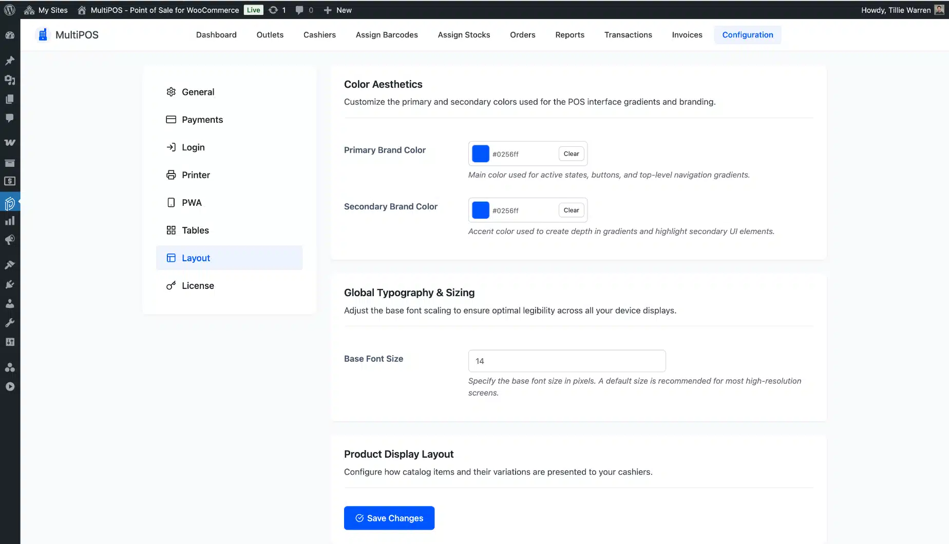 WooCommerce POS layout configuration page screenshot