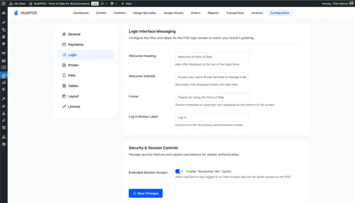 POS for WooCommerce login configuration page screenshot