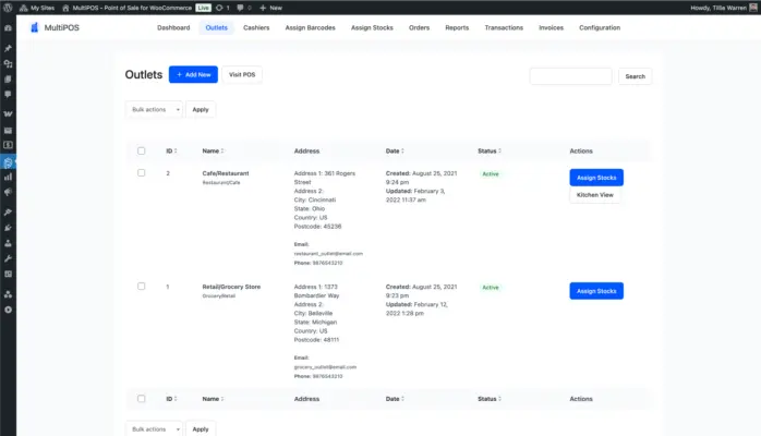 WooCommerce point of sale outlets list page screenshot