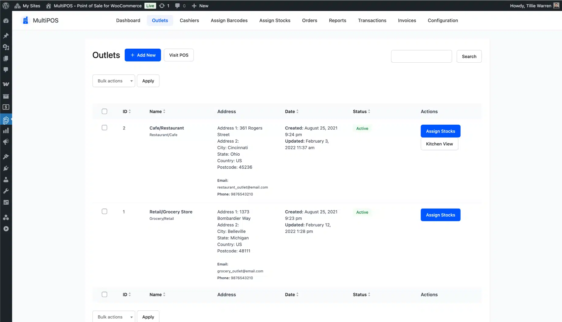 WooCommerce POS outlets list page screenshot