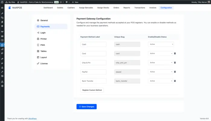 WooCommerce point of sale payments configuration page screenshot