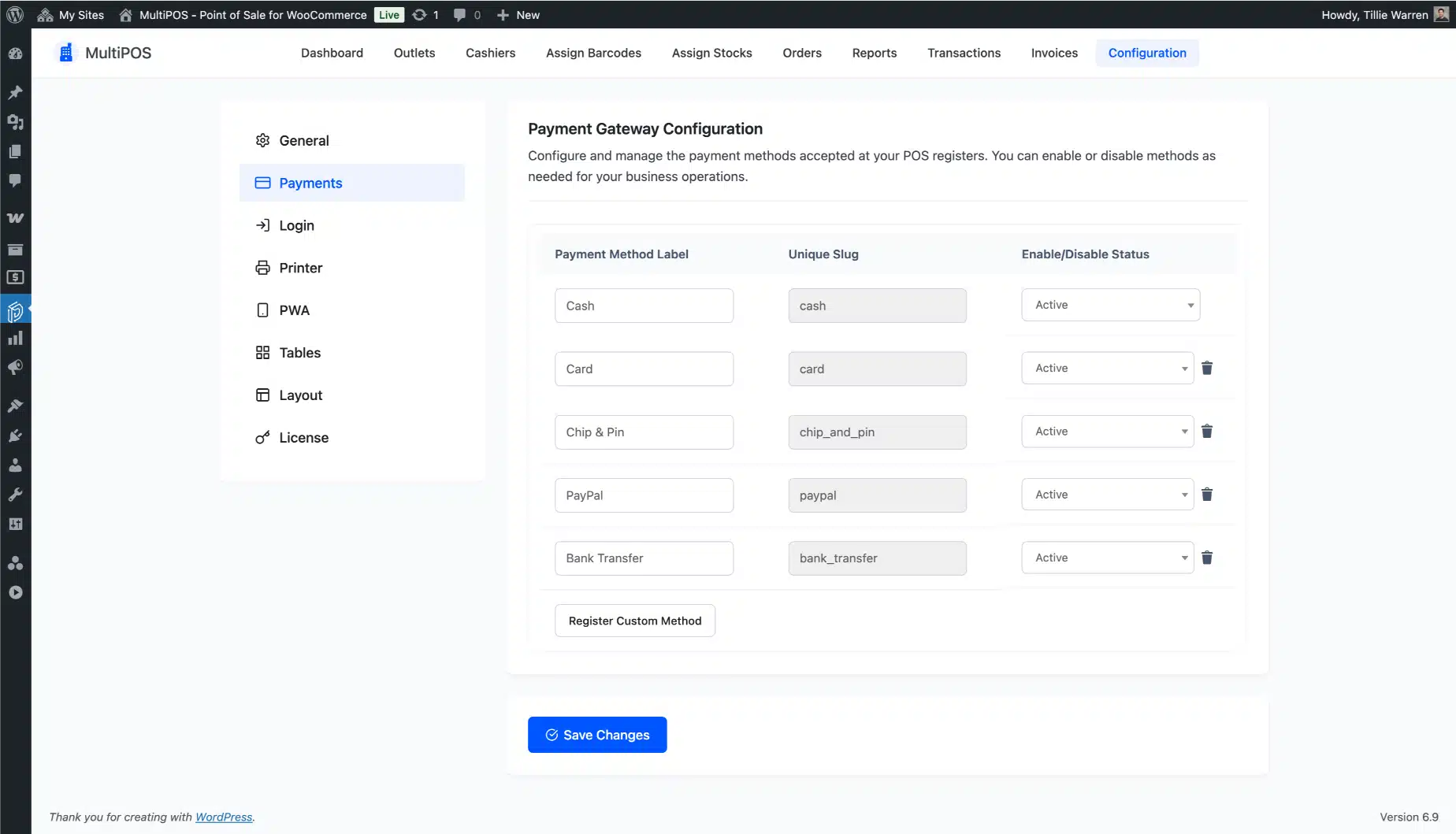 WooCommerce POS payments configuration page screenshot