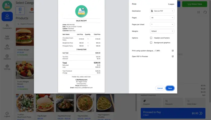 Print invoice page in the POS for WooCommerce screenshot