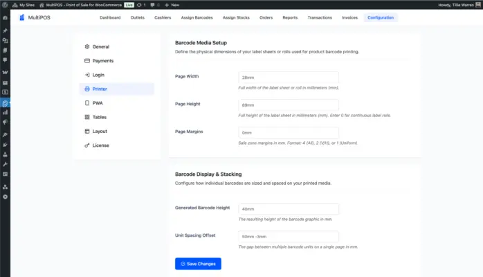 WooCommerce point of sale printer configuration page screenshot