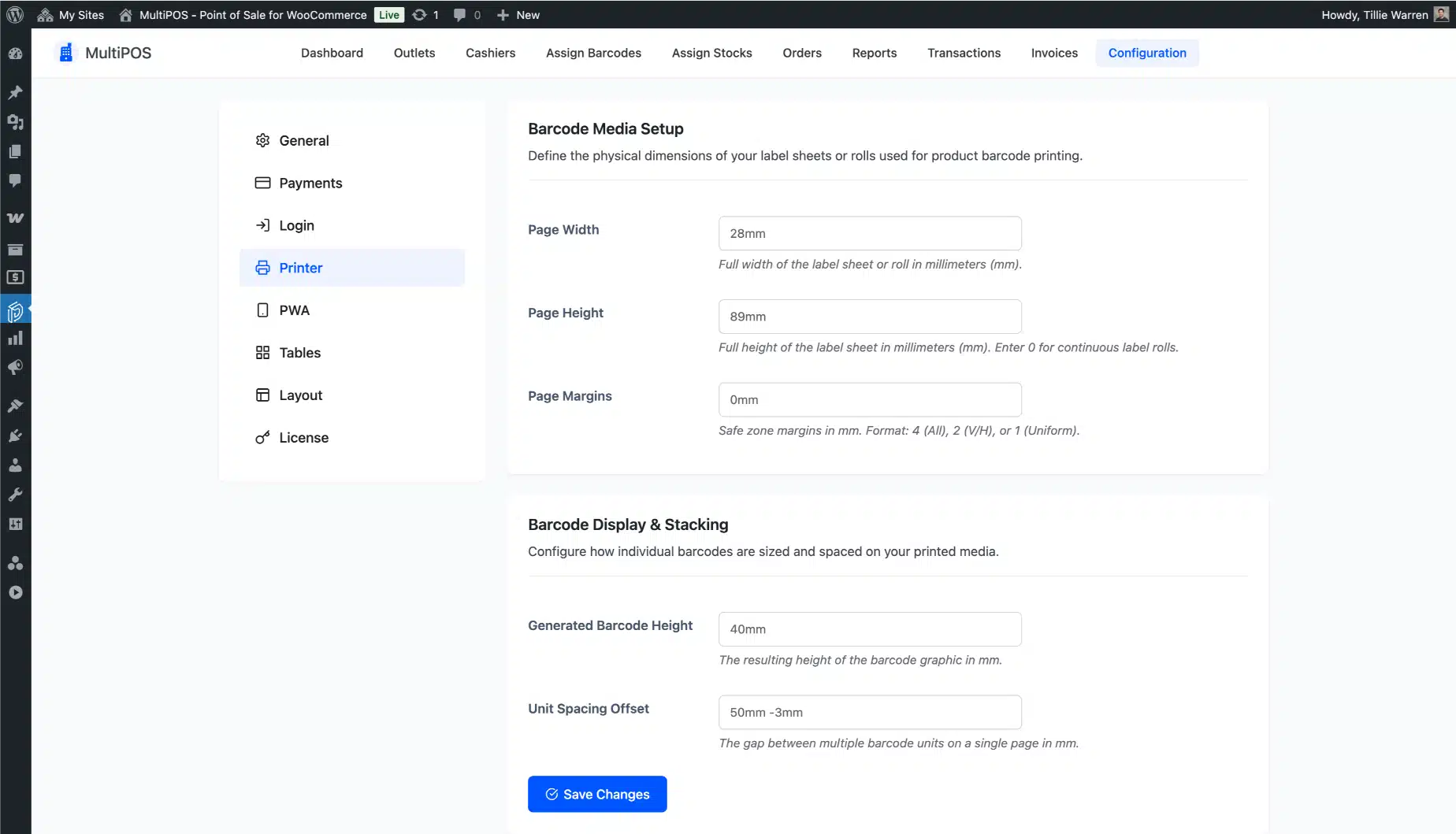 WooCommerce POS printer configuration page screenshot