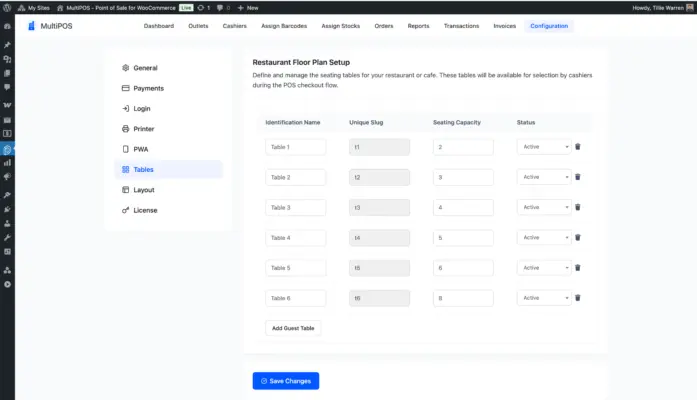 WooCommerce restaurant POS tables configuration page screenshot