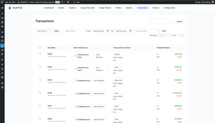 WooCommerce POS transactions list page screenshot