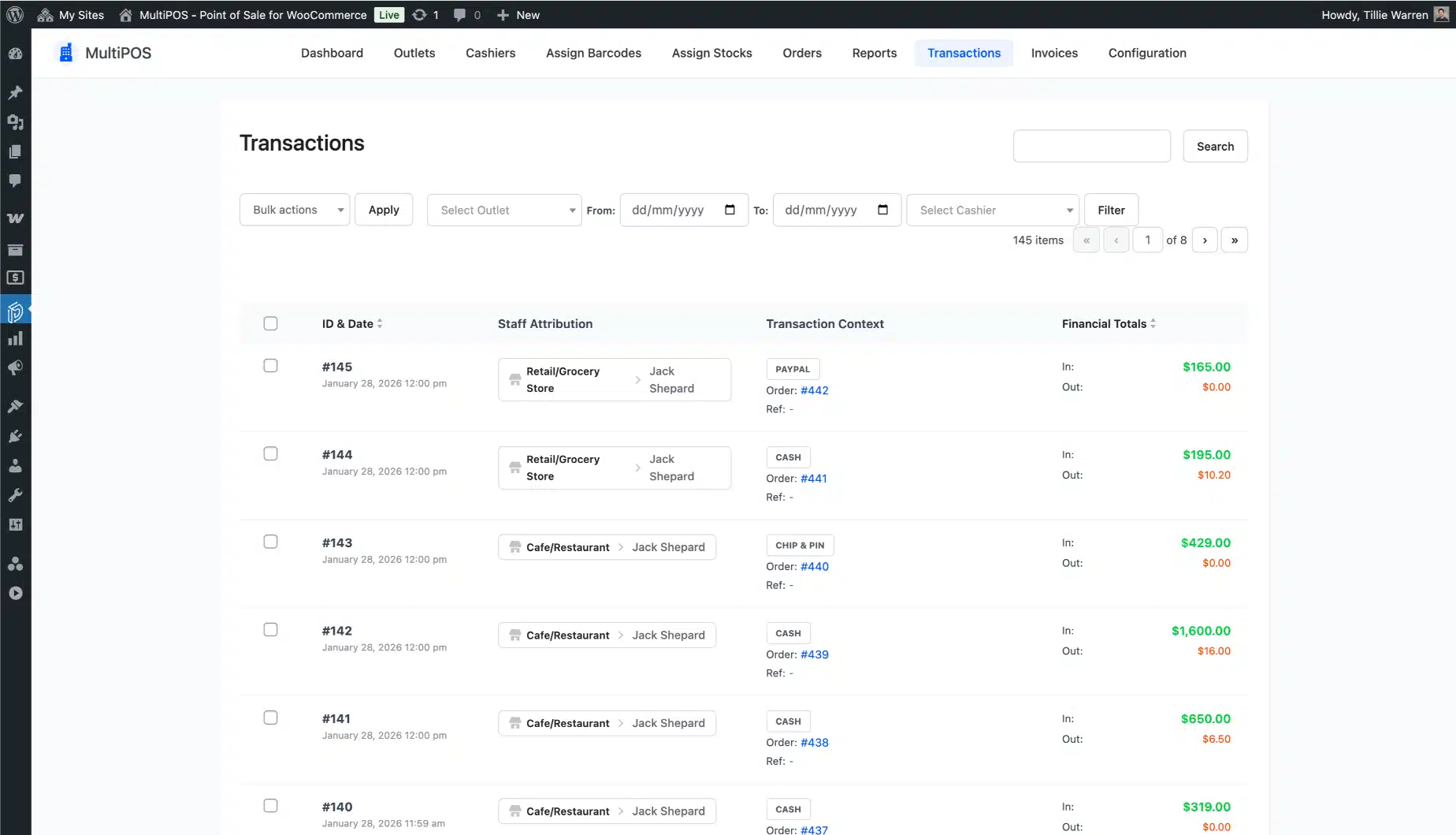 WooCommerce POS transactions list page screenshot