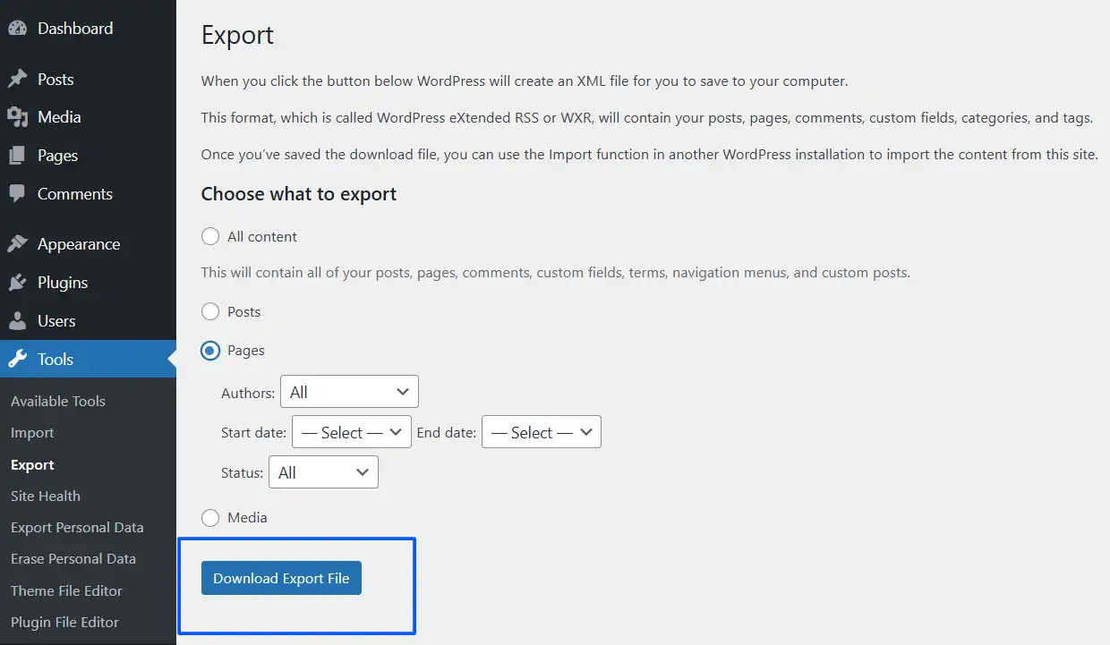 Click Download export file