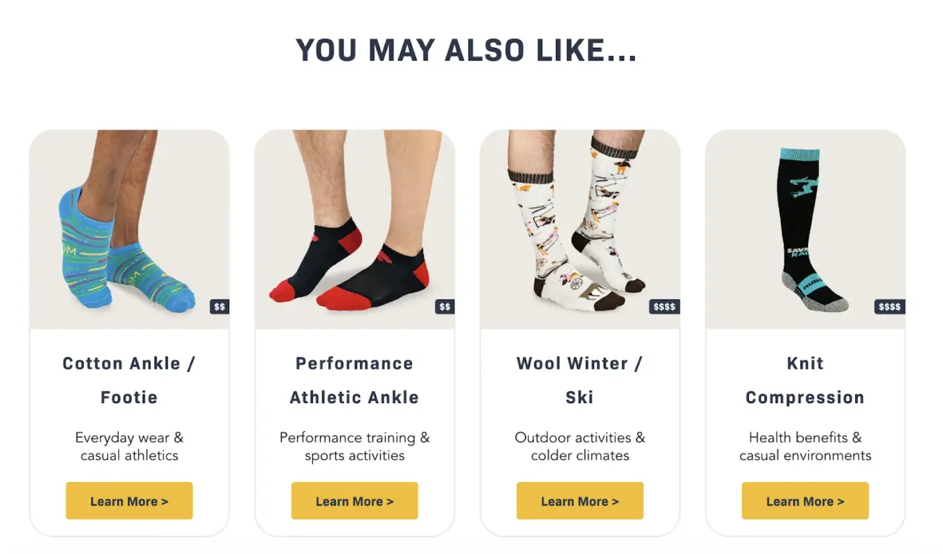 Custom Sock Lab product page showing You May Also Like section with curated sock recommendations including Cotton Ankle, Athletic, Wool Winter, and Compression styles