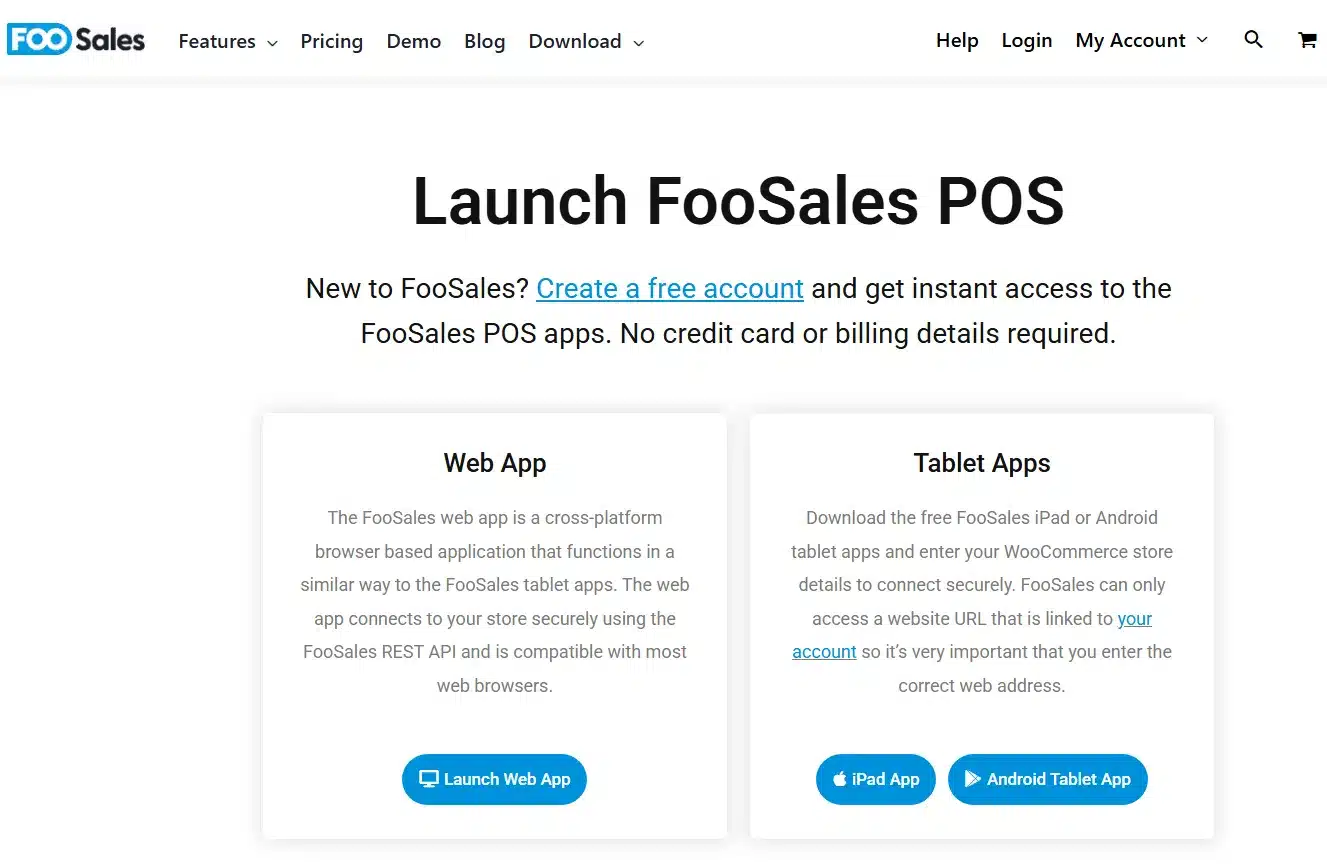FooSales POS landing page