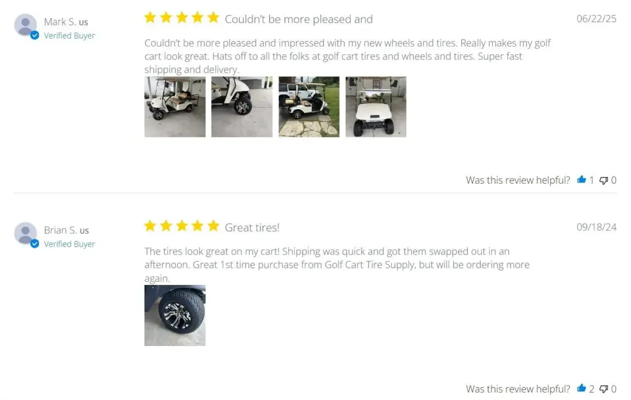 Golf Cart Tire Supply product page showing verified buyer reviews with user-generated photos of Vampire Machined Golf Cart Wheels installed on real customer carts